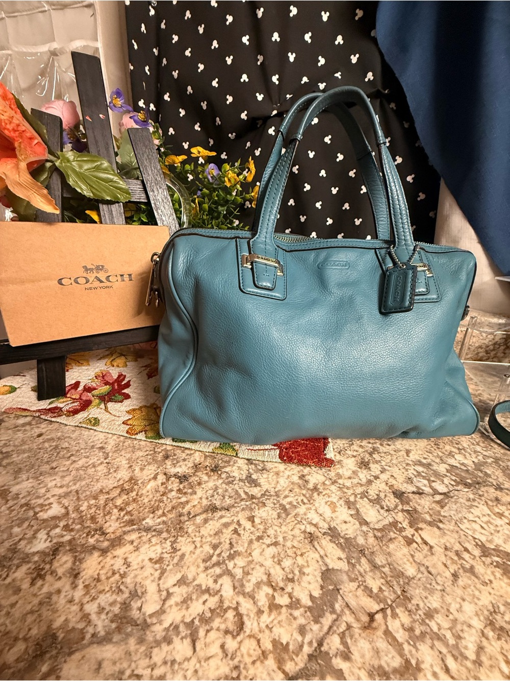 Coach Teal Pebbled Leather Satchel with crossbody strap